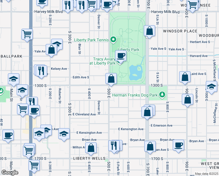 map of restaurants, bars, coffee shops, grocery stores, and more near 520 East 1300 South in Salt Lake City