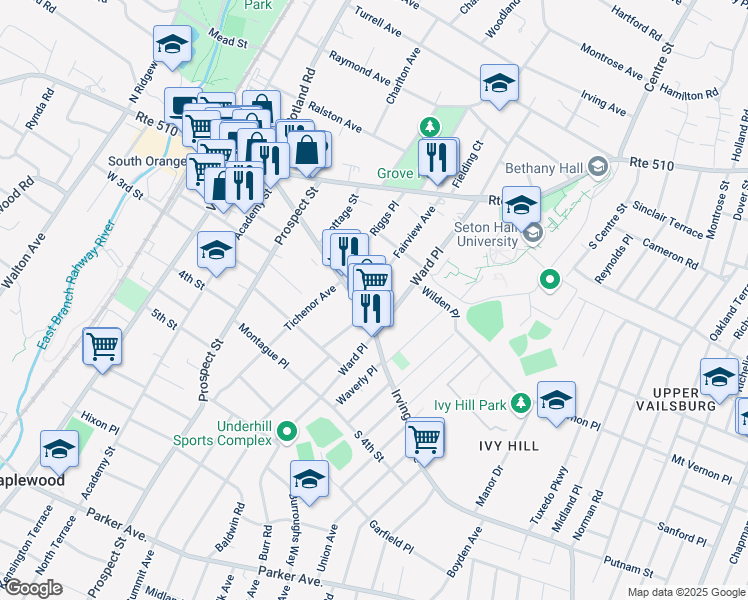 map of restaurants, bars, coffee shops, grocery stores, and more near 152 Fairview Avenue in South Orange