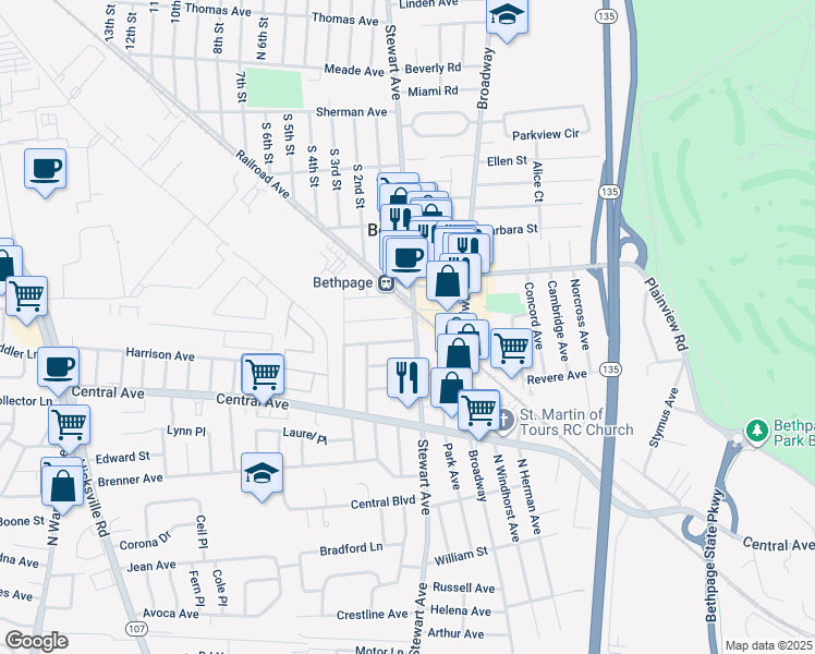 map of restaurants, bars, coffee shops, grocery stores, and more near 497 Stewart Avenue in Bethpage