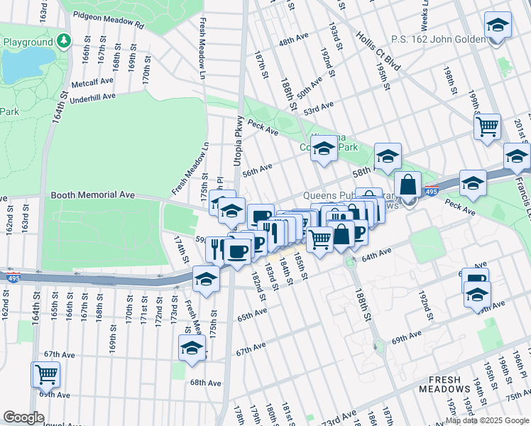 map of restaurants, bars, coffee shops, grocery stores, and more near 58-31 184th St in Queens
