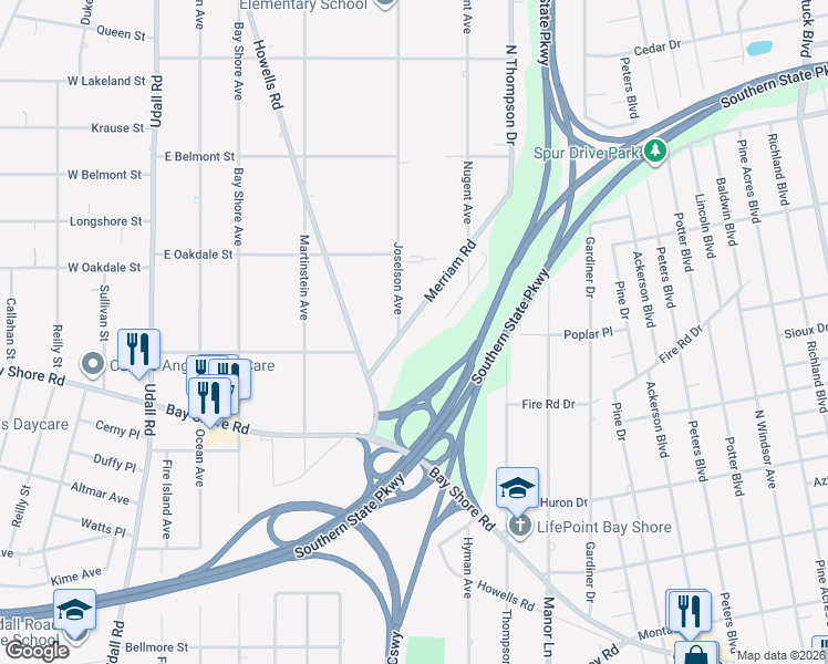 map of restaurants, bars, coffee shops, grocery stores, and more near 1012 Merriam Road in Bay Shore