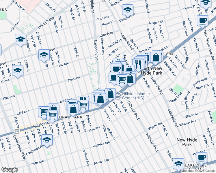map of restaurants, bars, coffee shops, grocery stores, and more near 1660 Stewart Avenue in New Hyde Park