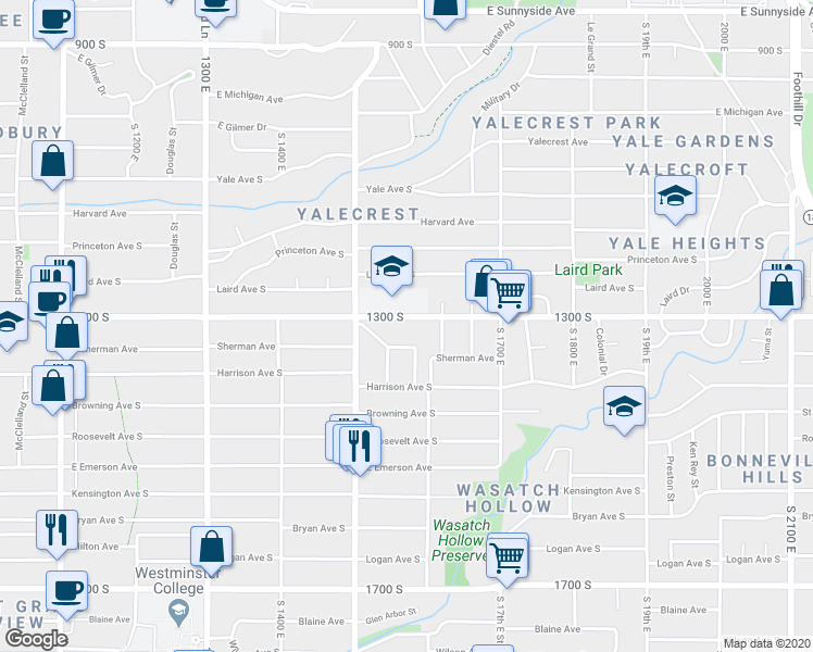 map of restaurants, bars, coffee shops, grocery stores, and more near 1564 1300 South in Salt Lake City