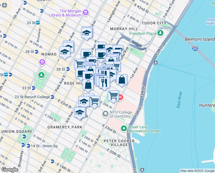 map of restaurants, bars, coffee shops, grocery stores, and more near 515 2nd Avenue in New York
