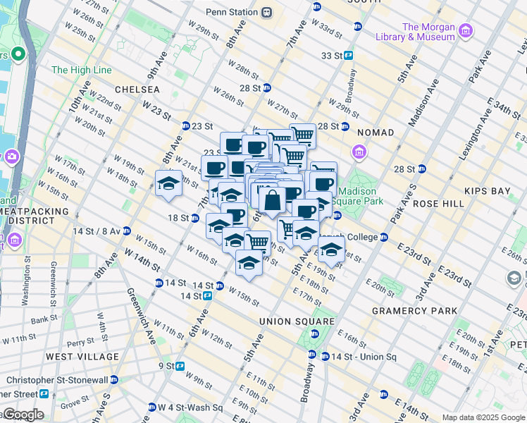 map of restaurants, bars, coffee shops, grocery stores, and more near 54 West 21st Street in New York