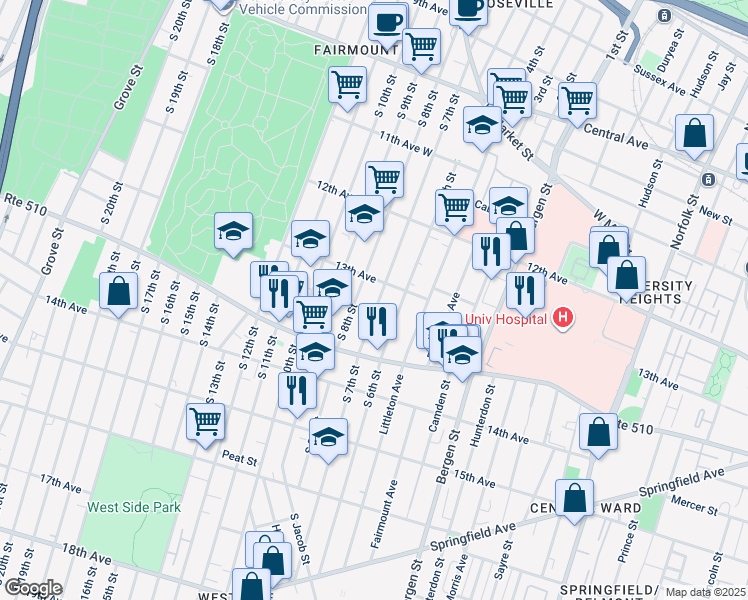 map of restaurants, bars, coffee shops, grocery stores, and more near 223 South 7th Street in Newark