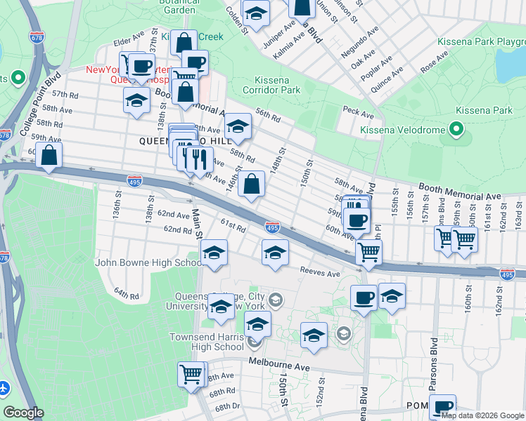map of restaurants, bars, coffee shops, grocery stores, and more near 148-07 Horace Harding Expressway in Queens