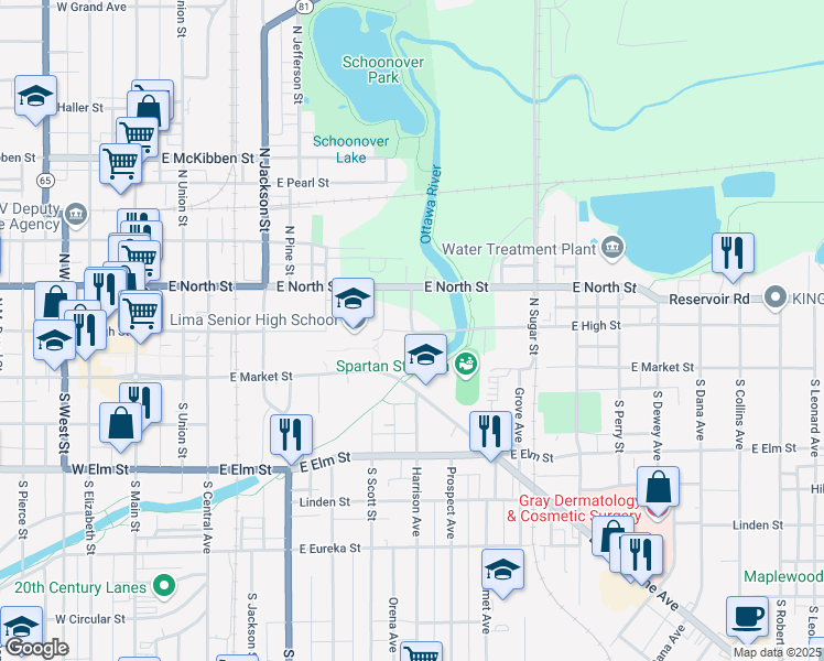 map of restaurants, bars, coffee shops, grocery stores, and more near 200 Tingle Avenue in Lima