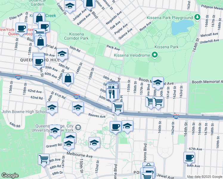 map of restaurants, bars, coffee shops, grocery stores, and more near 153-47 58th Road in Queens