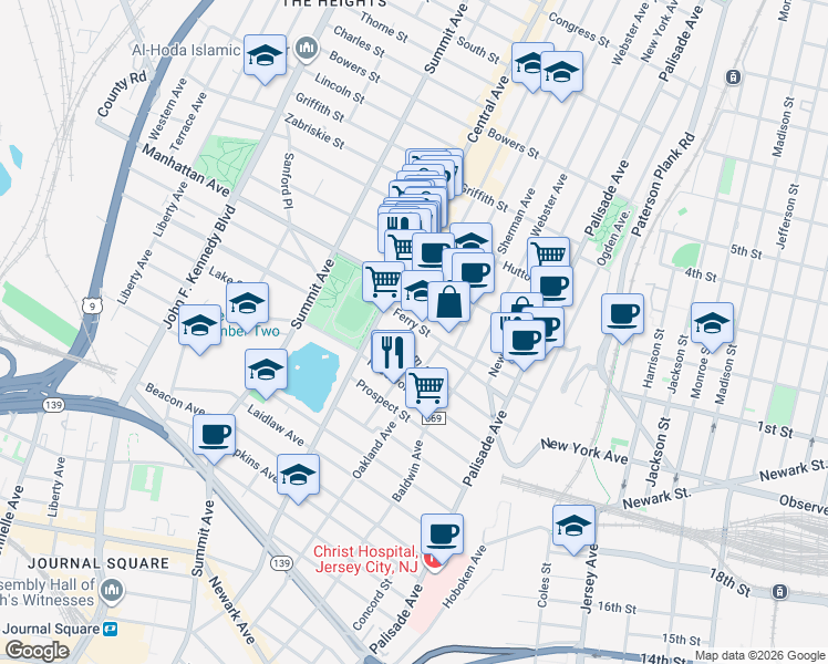 map of restaurants, bars, coffee shops, grocery stores, and more near 100 Ferry Street in Jersey City