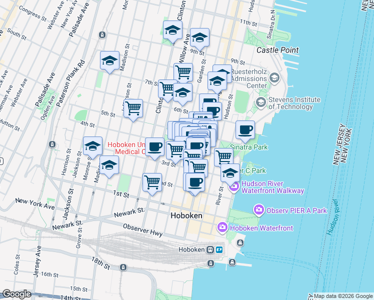 map of restaurants, bars, coffee shops, grocery stores, and more near 341 Garden Street in Hoboken