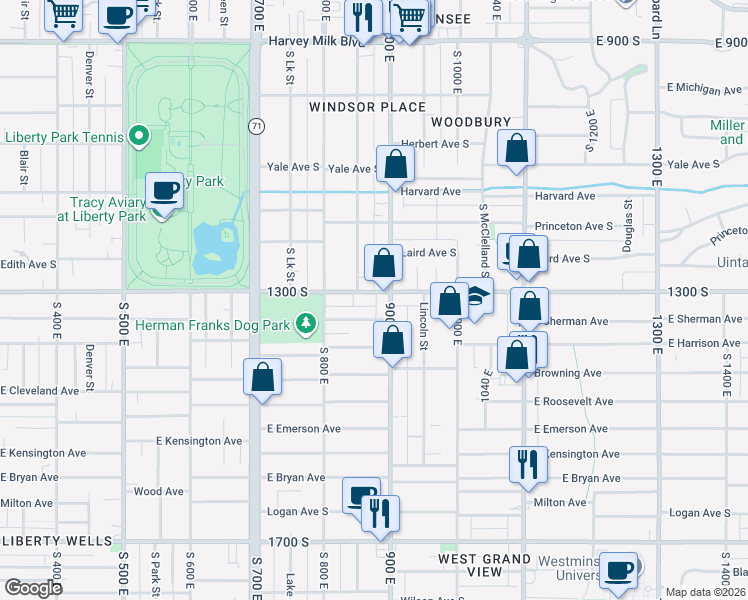 map of restaurants, bars, coffee shops, grocery stores, and more near 1302 900 East in Salt Lake City