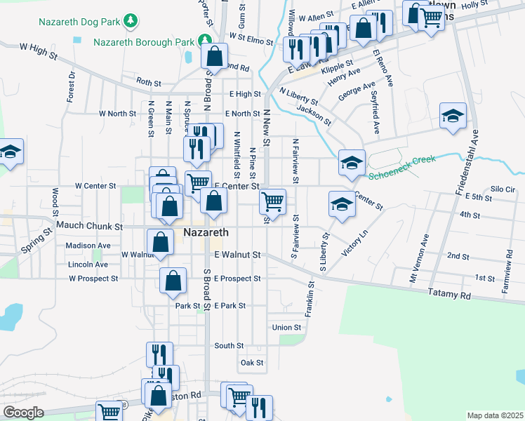 map of restaurants, bars, coffee shops, grocery stores, and more near 42 South New Street in Nazareth