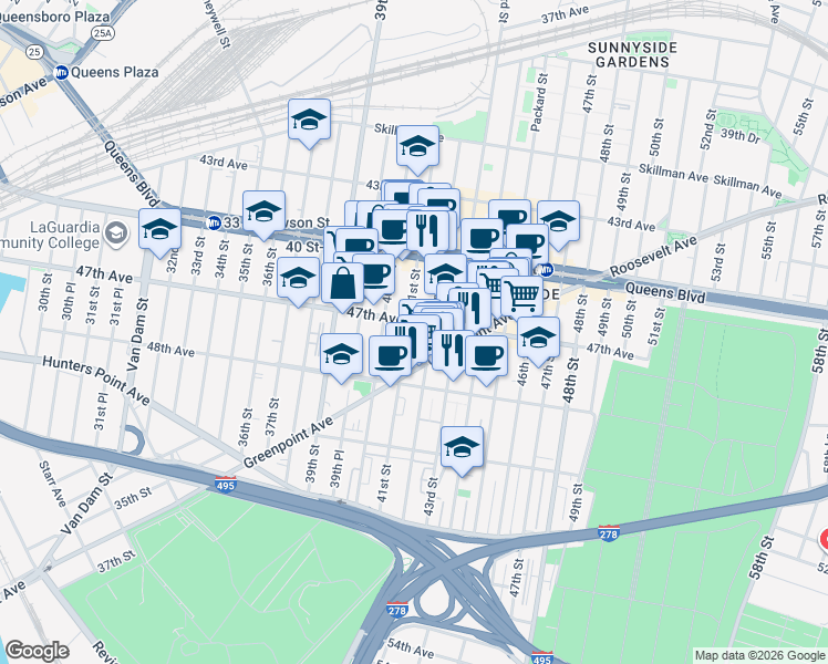 map of restaurants, bars, coffee shops, grocery stores, and more near 41-16 47th Avenue in Queens