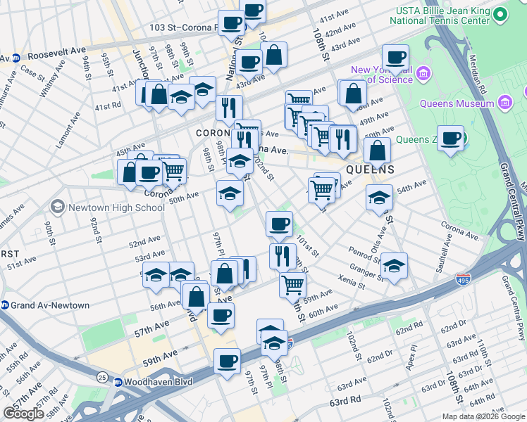 map of restaurants, bars, coffee shops, grocery stores, and more near 51-09 99th Street in Queens