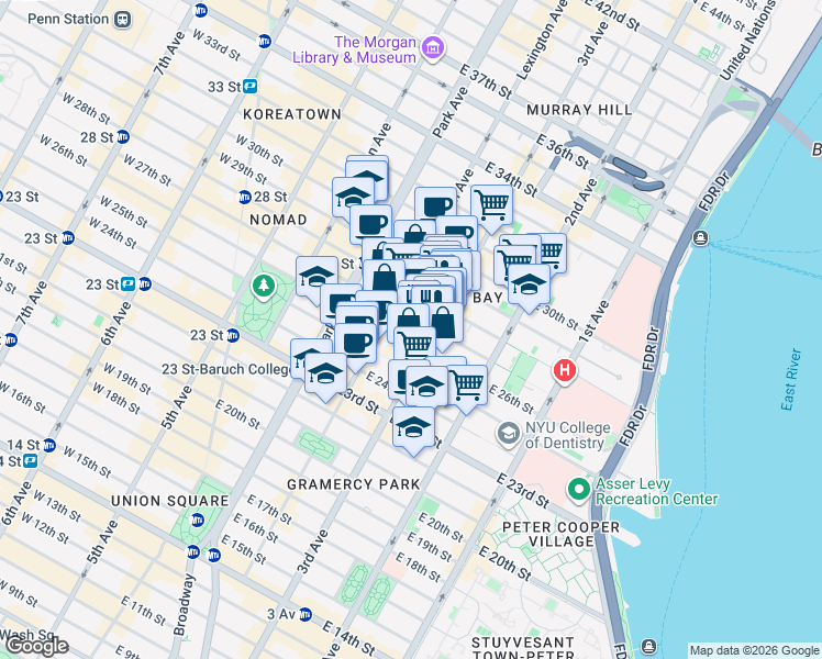 map of restaurants, bars, coffee shops, grocery stores, and more near 150 East 27th Street in New York