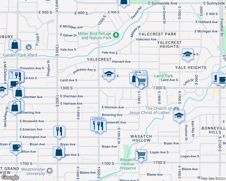 map of restaurants, bars, coffee shops, grocery stores, and more near 1564 East 1300 South in Salt Lake City