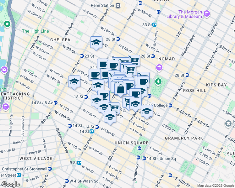 map of restaurants, bars, coffee shops, grocery stores, and more near 54 West 21st Street in New York