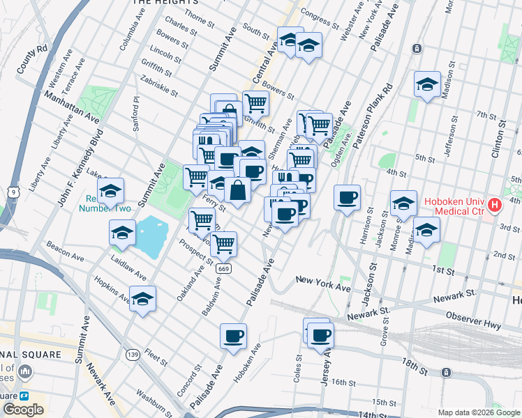 map of restaurants, bars, coffee shops, grocery stores, and more near 63 Franklin Street in Jersey City