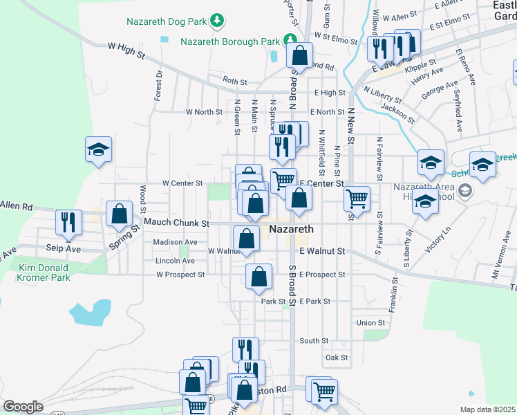map of restaurants, bars, coffee shops, grocery stores, and more near 36 South Main Street in Nazareth
