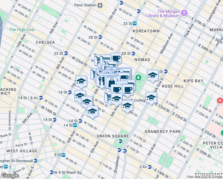 map of restaurants, bars, coffee shops, grocery stores, and more near 28 West 22nd Street in New York
