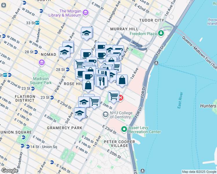 map of restaurants, bars, coffee shops, grocery stores, and more near 520 2nd Avenue in New York