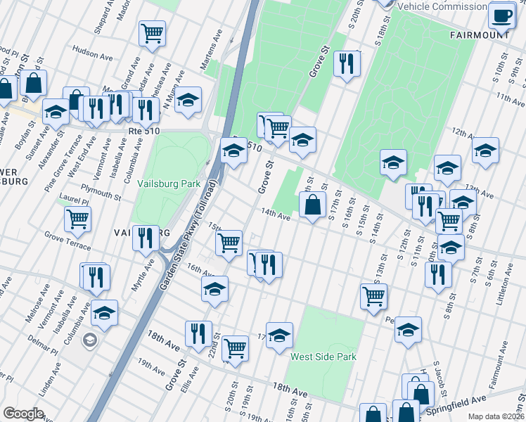 map of restaurants, bars, coffee shops, grocery stores, and more near 408 14th Avenue in Irvington