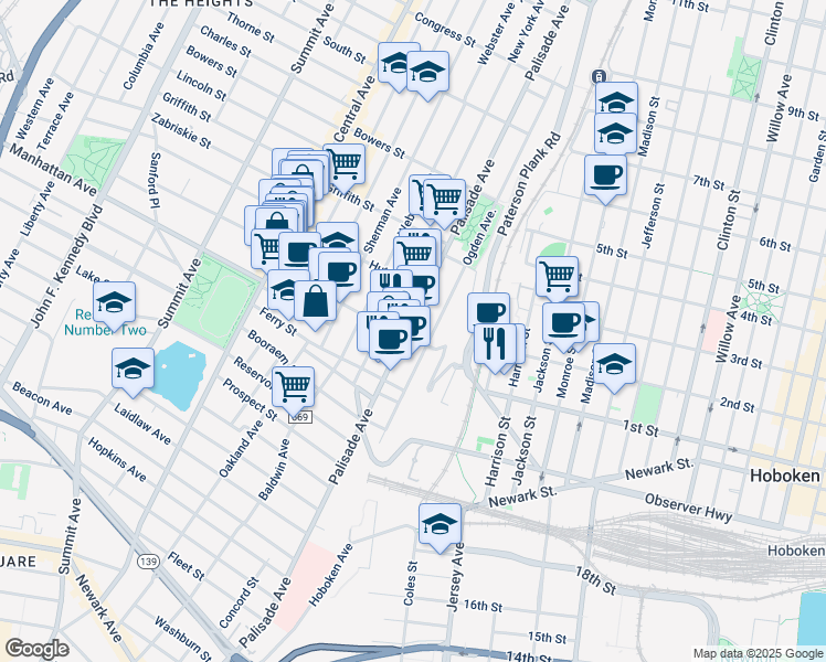 map of restaurants, bars, coffee shops, grocery stores, and more near 398 Palisade Avenue in Jersey City