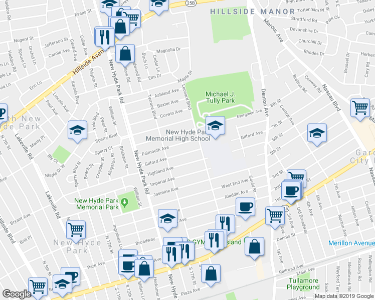 map of restaurants, bars, coffee shops, grocery stores, and more near 1637 Gilford Avenue in New Hyde Park