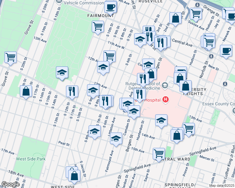 map of restaurants, bars, coffee shops, grocery stores, and more near 184 South 6th Street in Newark