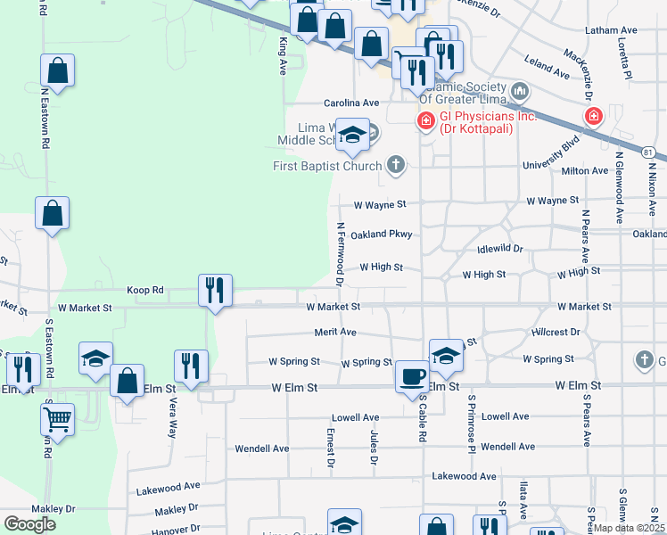map of restaurants, bars, coffee shops, grocery stores, and more near 255 North Fernwood Drive in Lima