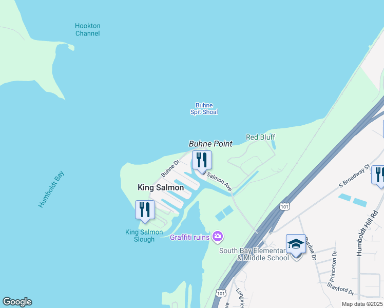 map of restaurants, bars, coffee shops, grocery stores, and more near 1361 Buhne Drive in Eureka