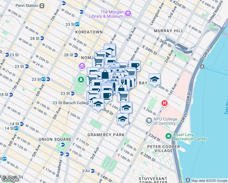 map of restaurants, bars, coffee shops, grocery stores, and more near Lexington Avenue & East 26th Street in New York