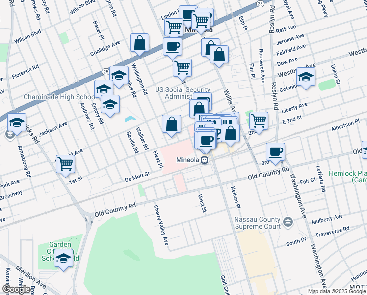 map of restaurants, bars, coffee shops, grocery stores, and more near 101111 Mineola Boulevard in Mineola
