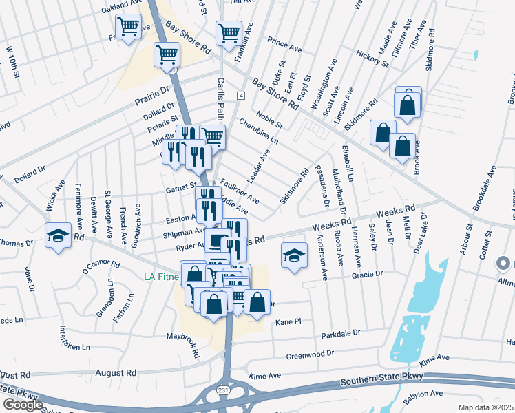 map of restaurants, bars, coffee shops, grocery stores, and more near 66 Faulkner Avenue in North Babylon