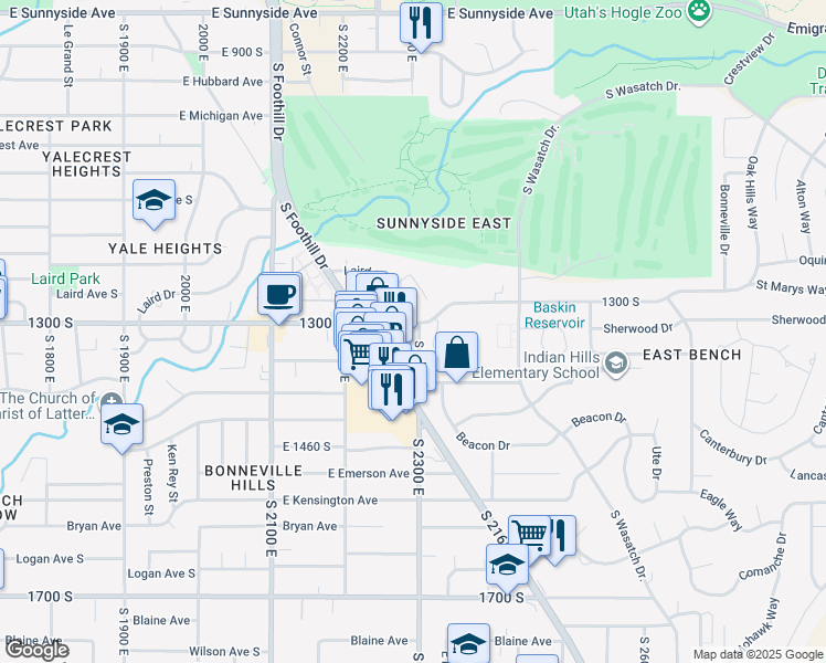 map of restaurants, bars, coffee shops, grocery stores, and more near 2290 East 1300 South in Salt Lake City