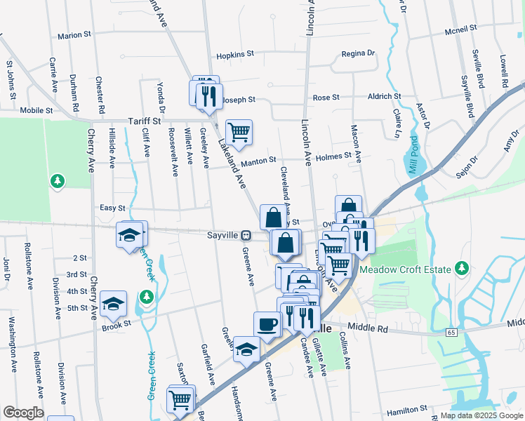 map of restaurants, bars, coffee shops, grocery stores, and more near 27 Lakeland Avenue in Sayville