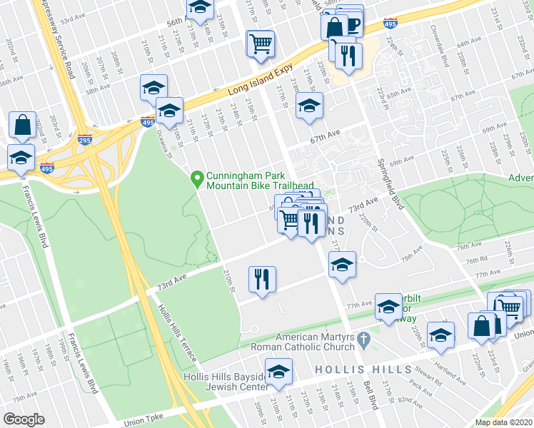 map of restaurants, bars, coffee shops, grocery stores, and more near 213-14 69th Avenue in Queens