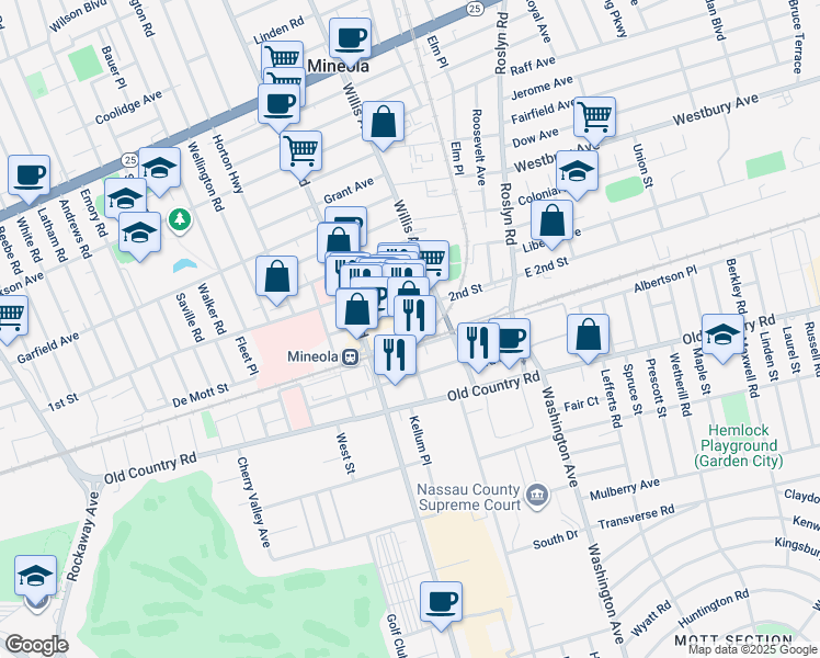 map of restaurants, bars, coffee shops, grocery stores, and more near 82 Main Street in Mineola