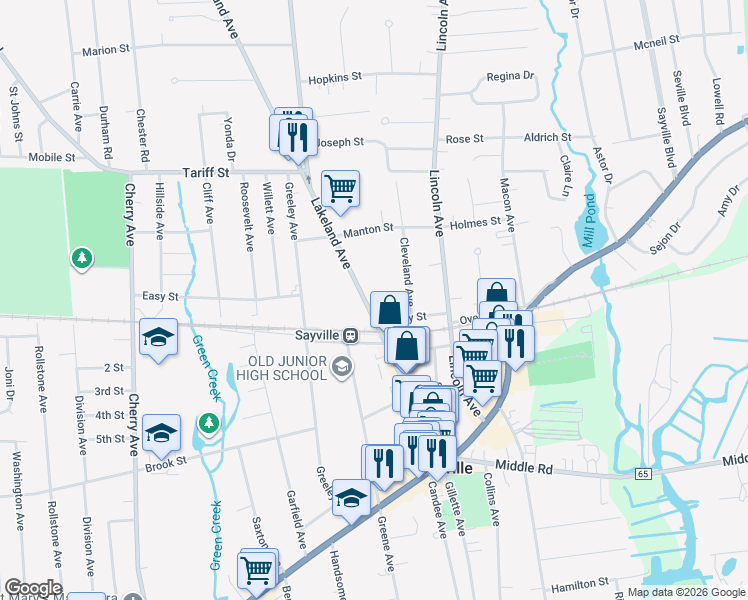 map of restaurants, bars, coffee shops, grocery stores, and more near 27 Lakeland Avenue in Sayville