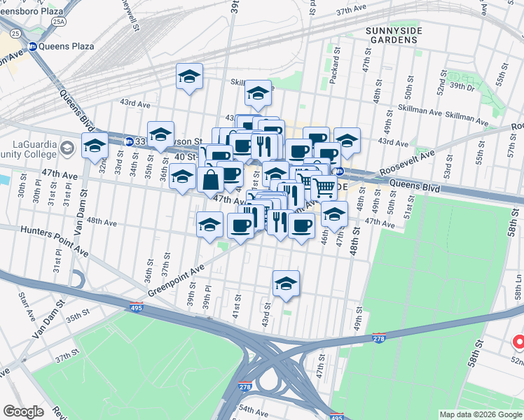 map of restaurants, bars, coffee shops, grocery stores, and more near 41-16 47th Avenue in Queens