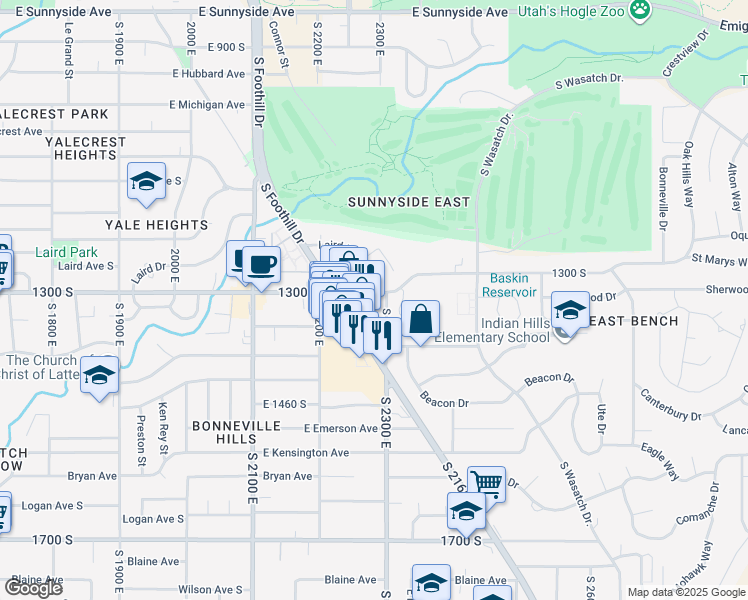 map of restaurants, bars, coffee shops, grocery stores, and more near 2290 East 1300 South in Salt Lake City