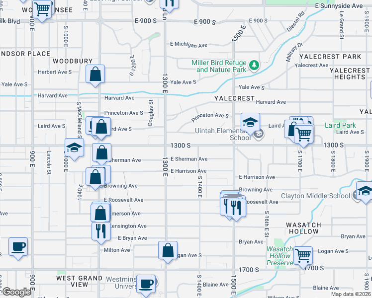 map of restaurants, bars, coffee shops, grocery stores, and more near 1360 East 1300 South in Salt Lake City