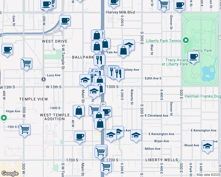 map of restaurants, bars, coffee shops, grocery stores, and more near 150 East 1300 South in Salt Lake City
