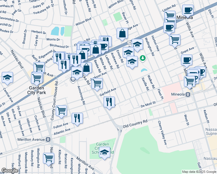 map of restaurants, bars, coffee shops, grocery stores, and more near 185 Beebe Road in Mineola