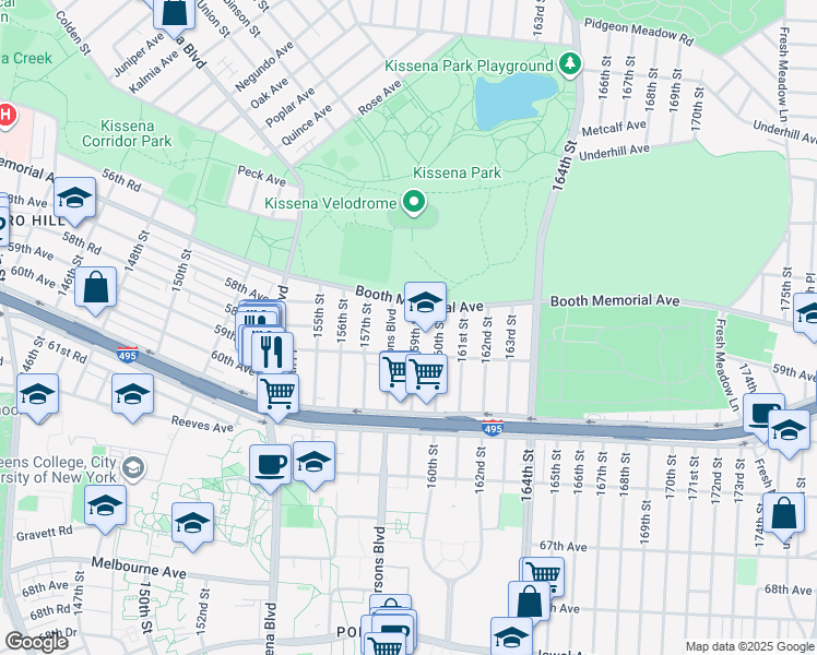 map of restaurants, bars, coffee shops, grocery stores, and more near 57-13 159th Street in Queens