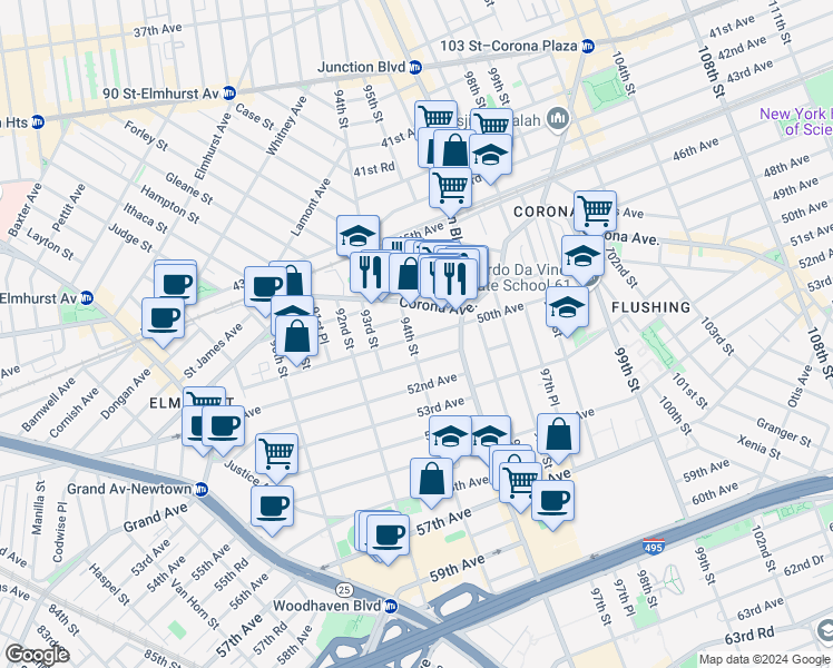 map of restaurants, bars, coffee shops, grocery stores, and more near 94-13 50th Avenue in Queens
