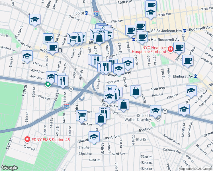 map of restaurants, bars, coffee shops, grocery stores, and more near 43-08 69th Street in Queens