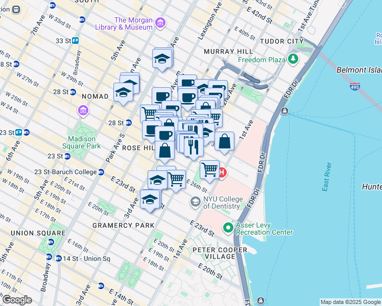 map of restaurants, bars, coffee shops, grocery stores, and more near in New York