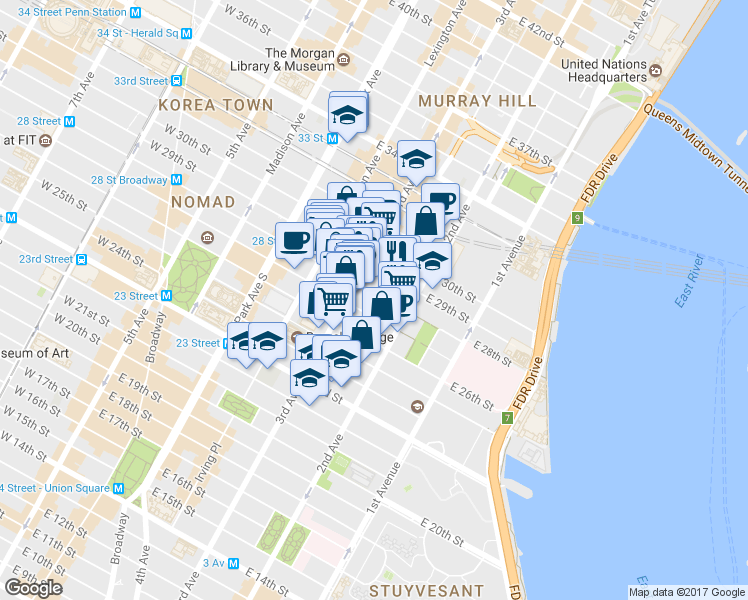 map of restaurants, bars, coffee shops, grocery stores, and more near 216 East 28th Street in New York